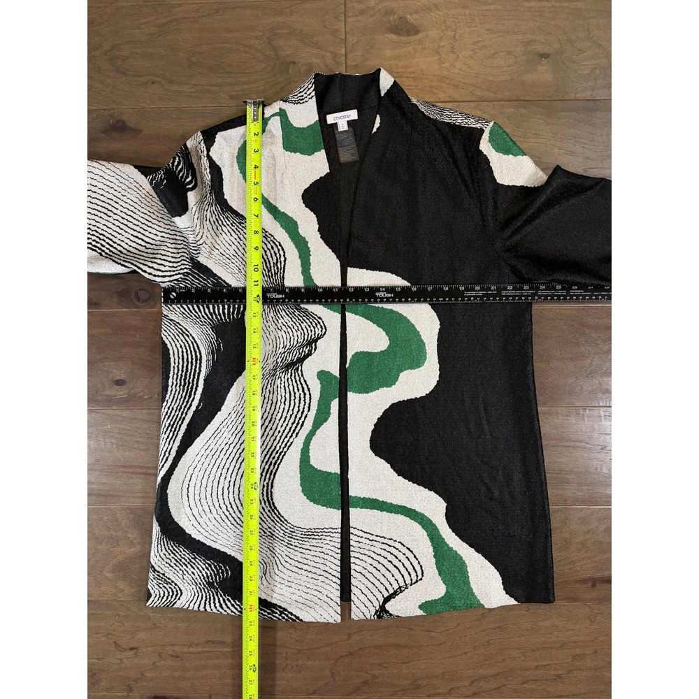 Chico's Abstract Wave Open Front Topper Jacket Green Black White Textured Size 3 - Picture 4 of 5